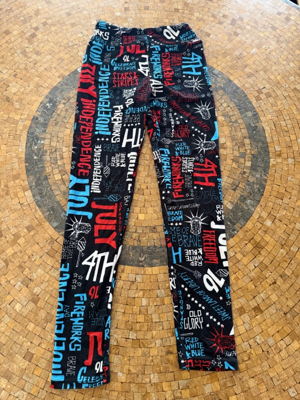 LuLaRoe Black Leggings with Red, Blue & White Graphic Text